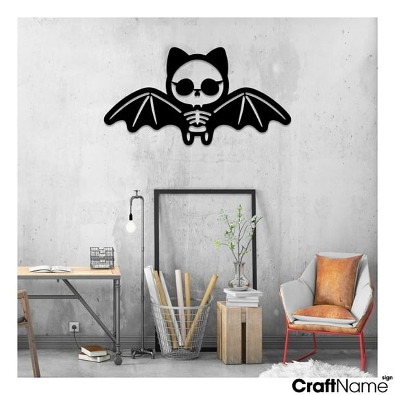 Craftnamesign Bat Skeleton Metal Wall Art LED Light, Halloween Wall Sign For Home Decor