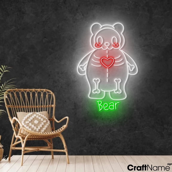 Craftnamesign Bear Skeleton Neon Light Up Sign Wall Art For Store Halloween Decor