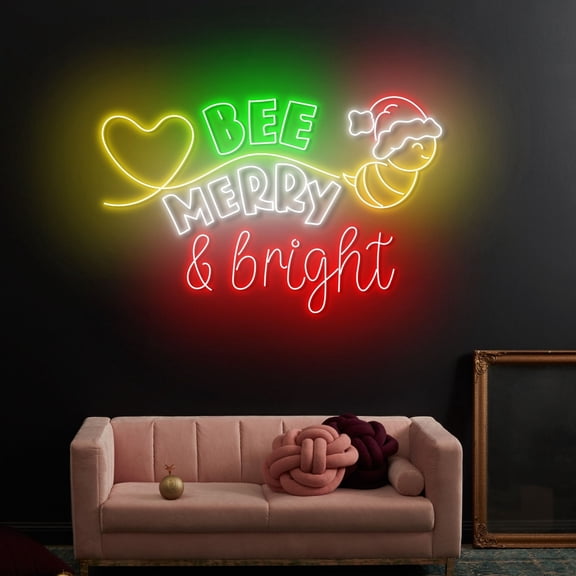 Craftnamesign Bee Merry & Bright Neon Light, Merry & Bright Xmas LED Sign, Christmas Quote Decor