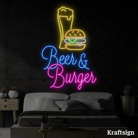 Craftnamesign Beer Burger Neon Sign, Burger Shop LED Sign, Beer Club Decor