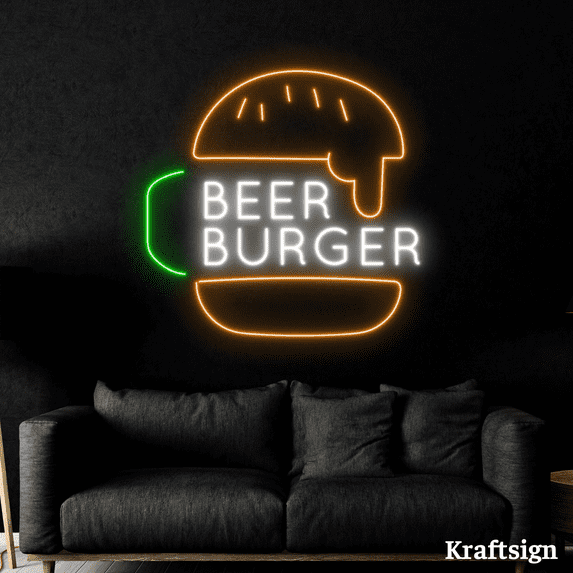Craftnamesign Beer Burger Neon Sign, Burger Shop LED Sign, Food Shop Decor