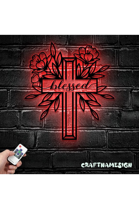 Blessed Cross Metal Wall Art LED Light, Christ Sign Home Decor, Christ Cross Decor