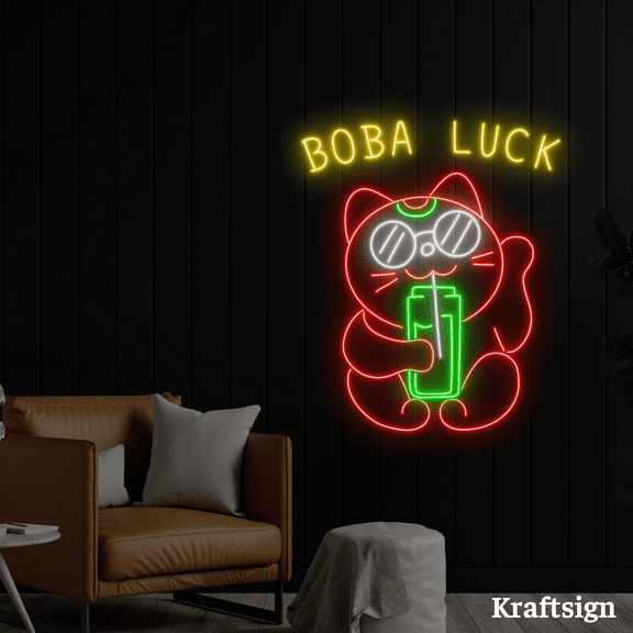 Craftnamesign Boba Luck Neon Sign, Cat LED Sign, Bubble Tea Shop Decor