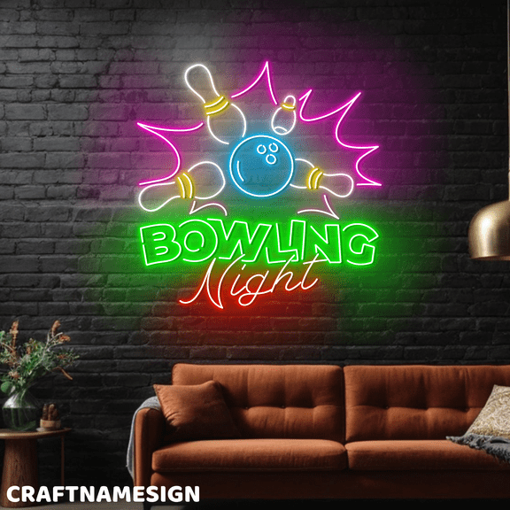 Craftnamesign Bowling Night Neon Light For Wall Decor, Bowling Club LED Wall Sign