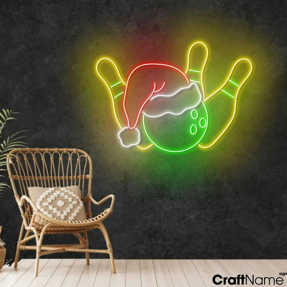 Craftnamesign Bowling Santa Hat LED Sign, Bowling Club Neon Light, Christmas Wall Art