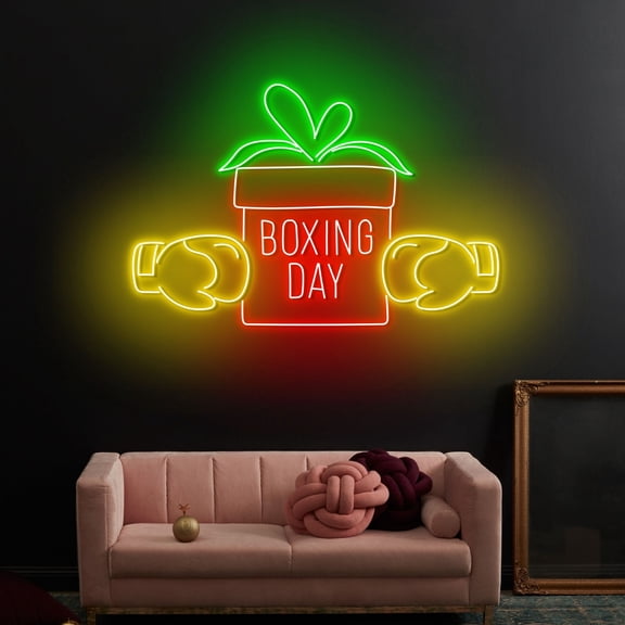 Craftnamesign Boxing Day Neon Sign, Boxing Gloves LED Light Decor, Boxing Room Sign Wall Art