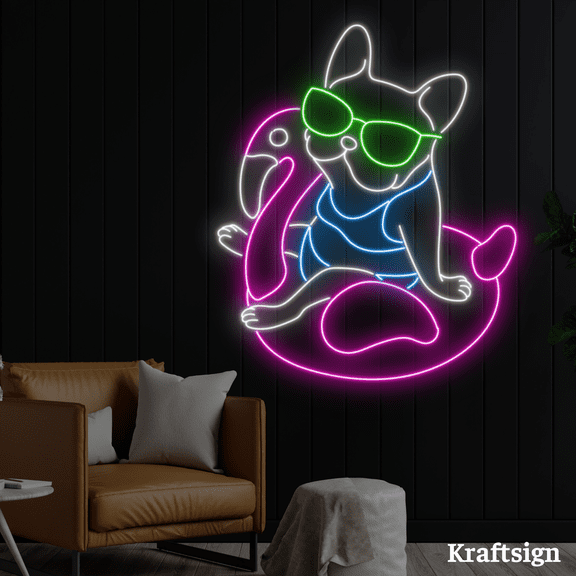 Craftnamesign Bulldog Neon Sign, Flamingo Float LED Sign, Dog Lover Gifts