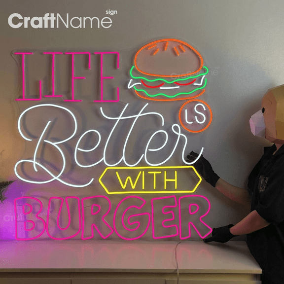 Craftnamesign Burger Neon Sign for Fast Food Restaurant, Hamburger Store Wall Art Decor