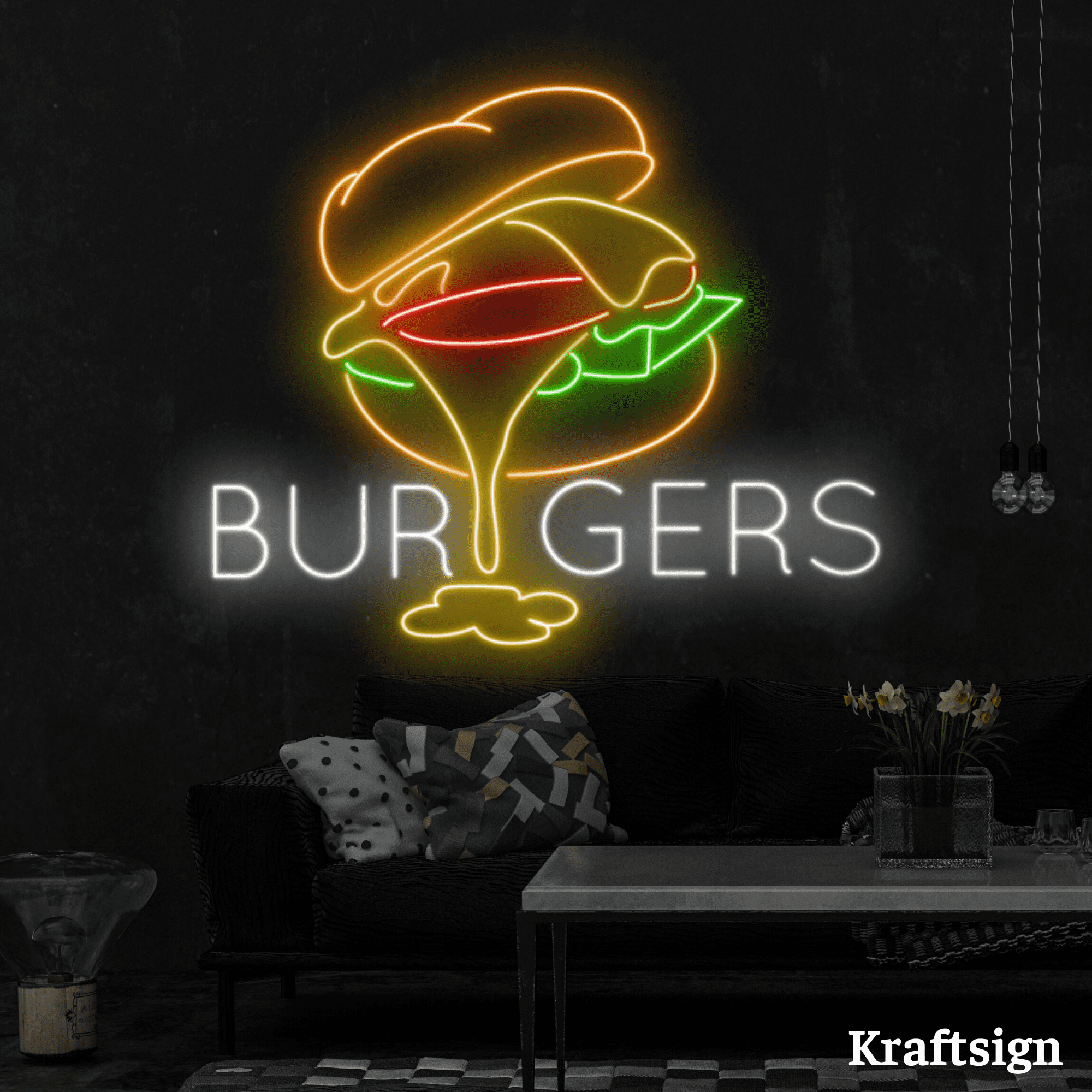 Craftnamesign Burgers Neon Sign, Burger Restaurant Decor, Burger LED