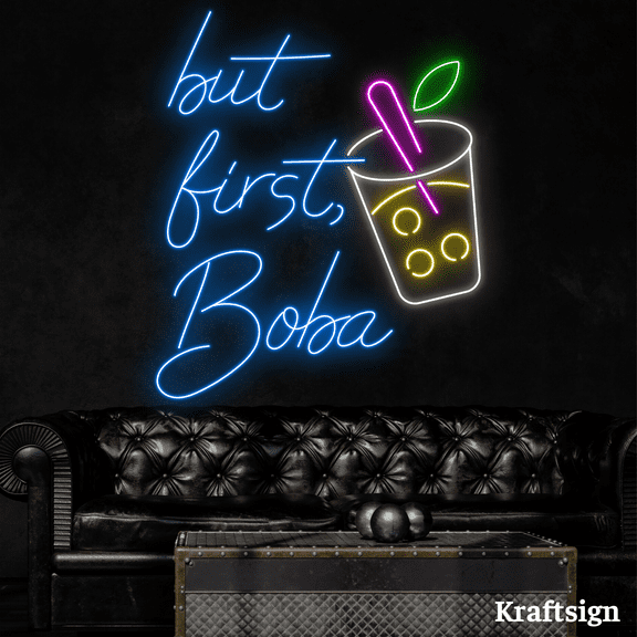 Craftnamesign But First Boba Neon Sign, Bubble Tea LED Sign, Milk Tea Sign