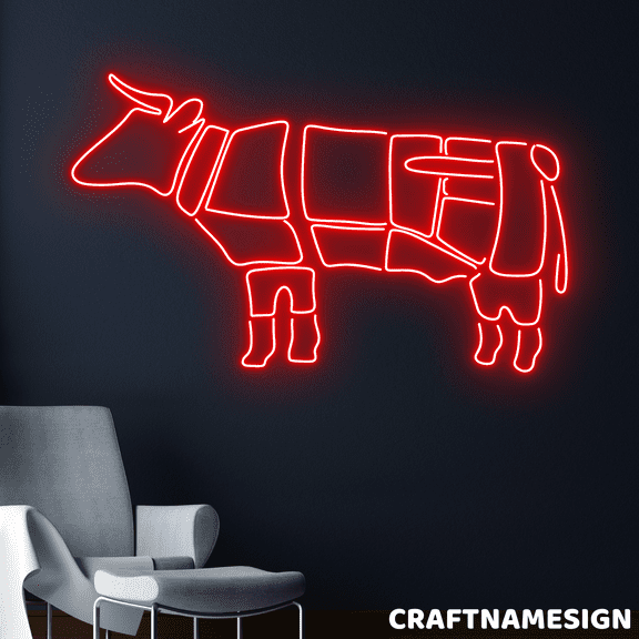 Craftnamesign Butcher Shop Neon Sign, Meat Store Wall Decor, Animal Wall Art