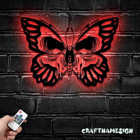 Craftnamesign Butterfly Skull Metal Sign LED Light, Emo Goth Butterfly Sign
