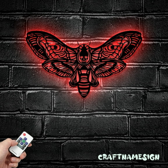 Craftnamesign Butterfly Skull Metal Wall Art with LED Light, Personalized Emo Goth Butterfly Sign