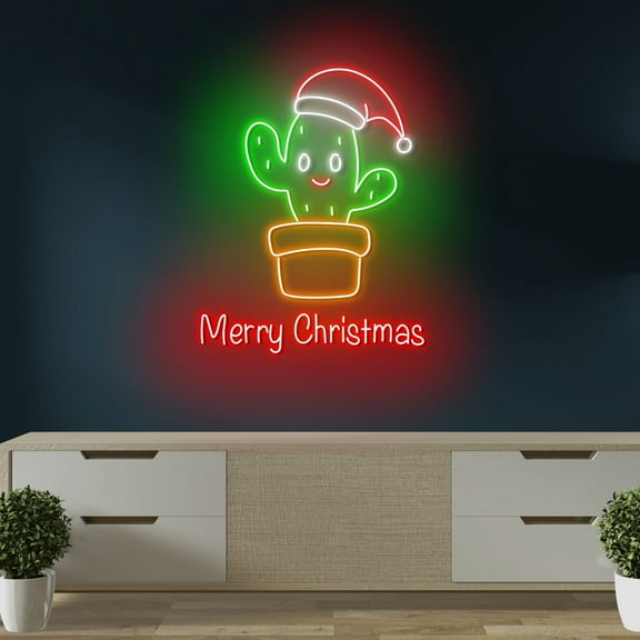 Craftnamesign Cactus Christmas Neon Light, Merry Christmas LED Sign, Xmas Home Decor