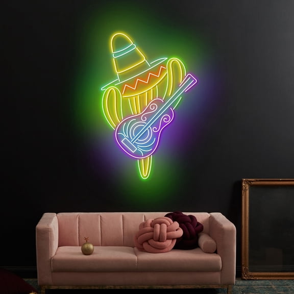 Craftnamesign Cactus Mexico Sombrero LED Light Wall Decor, Cactus Mexican Music Neon Sign