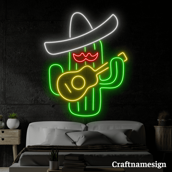 Craftnamesign Cactus Playing Guitar Neon Sign for Mexican Shop Bar Club Wall Decor