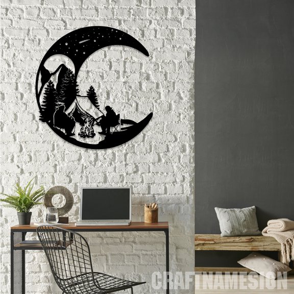 Craftnamesign Camping Metal Wall Art LED Light, Camping On The Moon Sign, Camping Wall Decor