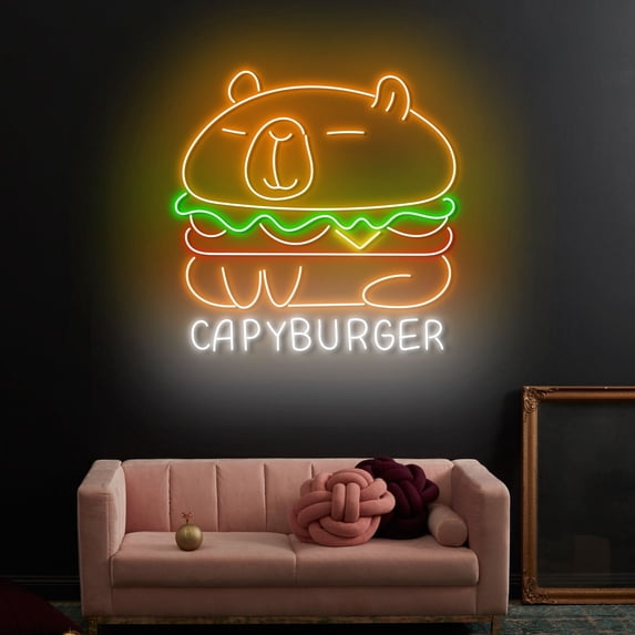Craftnamesign Capyburger Neon Light, Capybara Hamburger LED Sign, Burger Store Sign Wall Art