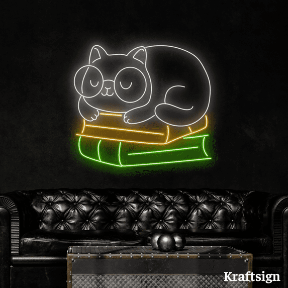 Craftnamesign Cat Book Neon Sign, Reading Room Decor, Library LED Sign