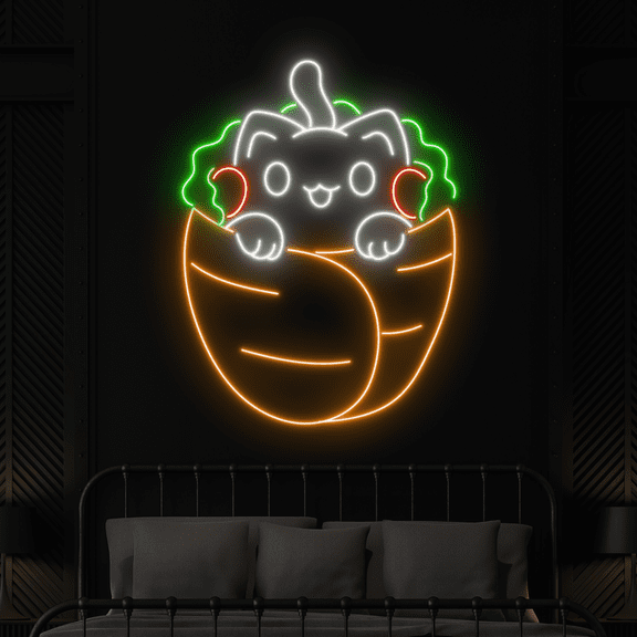 Craftnamesign Cat Burrito Neon Sign, Tacos Restaurant Decor, Cat LED Sign