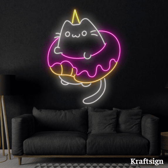 Craftnamesign Cat Donut LED Neon Sign, Donut Shop Decor, Cat Lover Gifts
