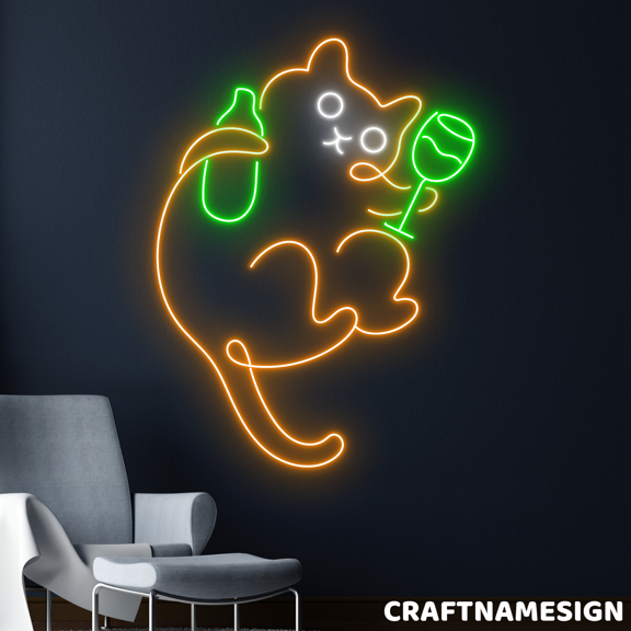 Craftnamesign Cat Drink Wine Neon Sign, Bar Pub Wall Art, Home Bar Wall Decor