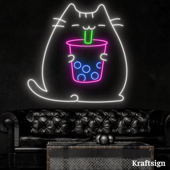 Craftnamesign Cat Drinking Bubble Tea Neon Sign, Milk Tea Shop Decor