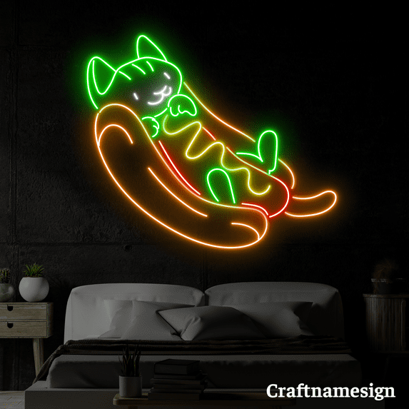 Craftnamesign Cat Hotdog Neon Sign for Fast Food Hotdog Shop Kid Room Wall Art