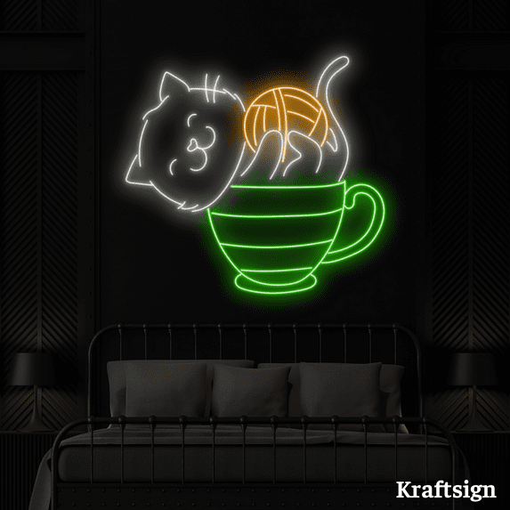 Craftnamesign Cat In Cup Neon Sign, Coffee Shop Decor, Cat Lover Gifts