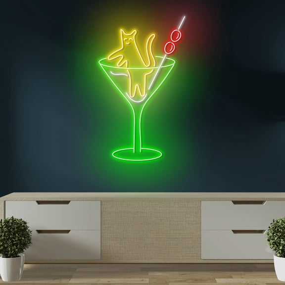 Craftnamesign Cat In Martini Cocktail Light Wall Art, Cat Cocktail Bar LED Sign Wall Decor
