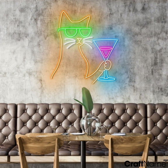 Craftnamesign Cat Martini Neon Sign Light Wall Art For Cocktail Bar Decoration