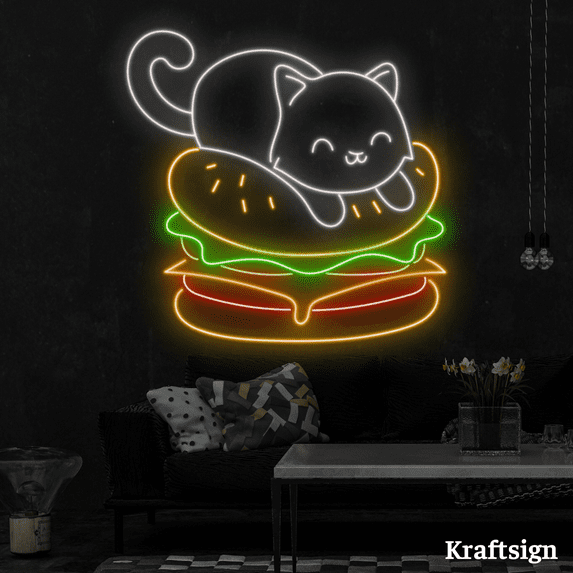Craftnamesign Cat On The Burger Neon Sign, Fast Food Shop Signs, Cat Decor