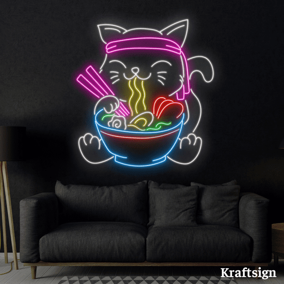 Craftnamesign Cat Ramen Neon Sign, Ramen Restaurant Decor, Shop Signage