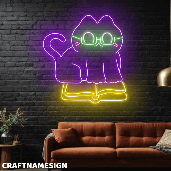 Craftnamesign Cat Reading Book Neon Light For Wall Decor, Library LED Wall Sign