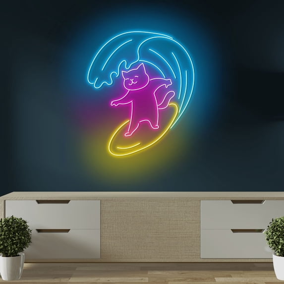 Craftnamesign Cat Surfing Neon Light, Pet Shop Wall Art, Wave Riding ...