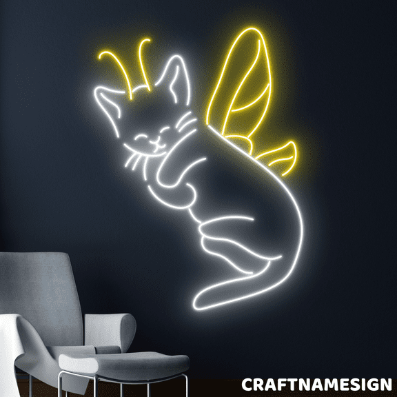 Craftnamesign Cat With Butterfly Wings Neon Sign, Cat Fairy Wall Art, Pet Spa Decor