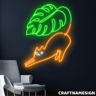 Craftnamesign Cat With Monstera Neon Sign, Bathroom Wall Decor, Bedroom Wall Art