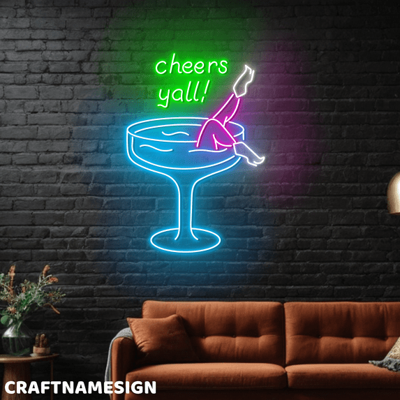 Craftnamesign Cheers Yall Neon Sign, Cocktail Wall Art, Bar Pub Wall Decor