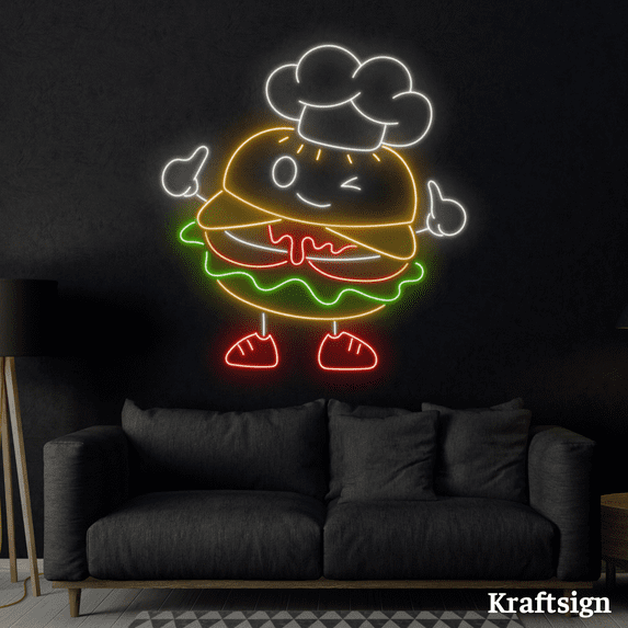 Craftnamesign Chef Burger Neon Sign, Burger Shop Decor, Fast Food LED Sign