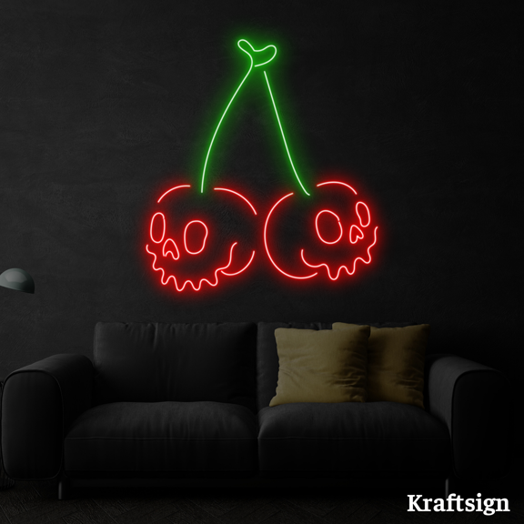 Craftnamesign Cherry Skull Head Neon Sign, Men Cave Decor, Cherry Shop Sign