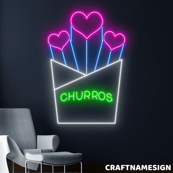 Craftnamesign Churros Neon Sign, Churros Sticks Heart Wall Art, Bakery Wall Decor