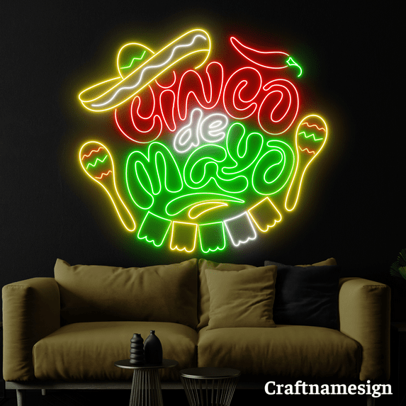 Craftnamesign Cinco De Mayo Neon Sign for Fesival Mexican Bar Club Shop Wall Decor