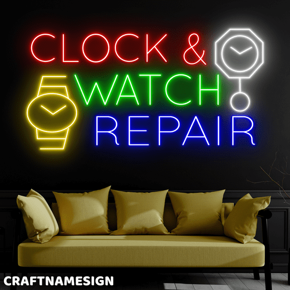 Craftnamesign Clock & Watch Repair Neon Sign, Watch Repair Shop Wall Art, Open Decor