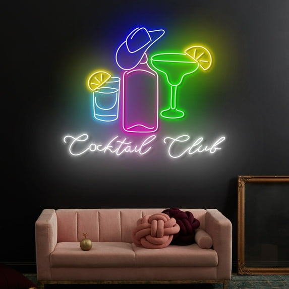 Craftnamesign Cocktail Club Neon Sign, Cocktail Tequila LED Light, Open Sign For Bar Wall Art