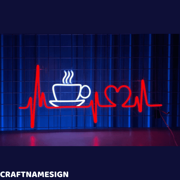 Craftnamesign Coffee Cup Heartbeat Neon Sign, Coffee Store Wall Art, Cafe Shop Decor