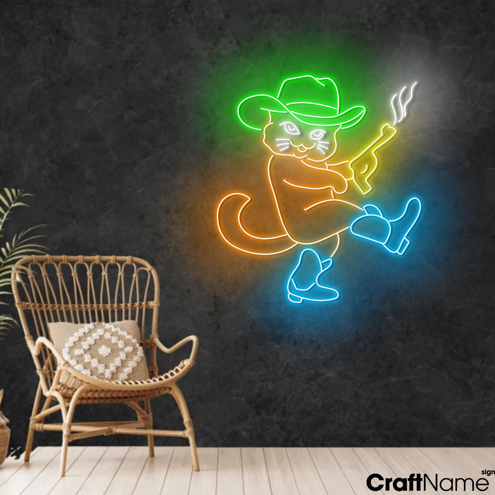 Craftnamesign Cool Cowboy Cat Neon Light Up, Cowboy LED Sign For Bar