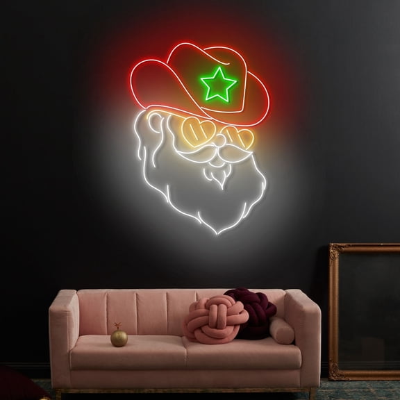 Craftnamesign Cool Santa Cowboy Neon Light, Santa Claus Cowboy Hat LED Sign, Santa Light Wall Art