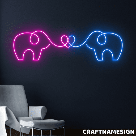 Craftnamesign Couple Elephant Neon Sign, Bedroom Wall Decor, Kids Zone Wall Art