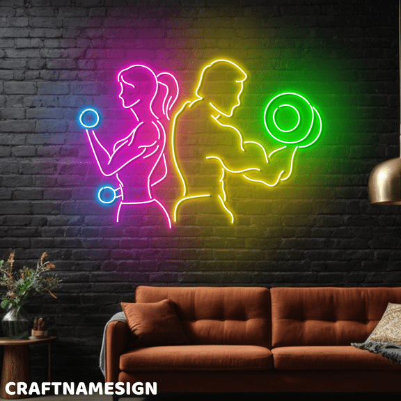 Craftnamesign Couple Weightlifting Neon Light, Gym Room LED Wall Sign