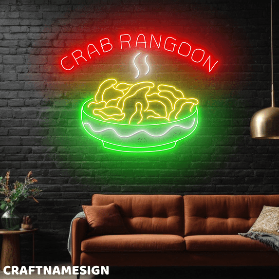 Craftnamesign Crab Rangoon Neon Sign, Restaurant Wall Art, Food Wall Decor